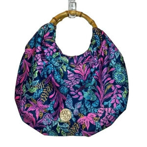 Lilly Pulitzer Bamboo Bag Bamboo Handles Purple Blue Green EUC Purse Clutch Caly